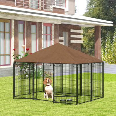 PawHut Outdoor Dog Kennel Puppy Play Pen with Canopy Garden Playpen Fence Crate Enclosure Cage Rotating Bowl 211 x 141 x 151 cm 
