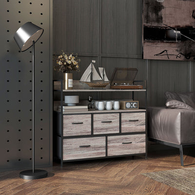 HOMCOM Rustic Chest of Five Fabric Drawers - Grey Wood Effect 