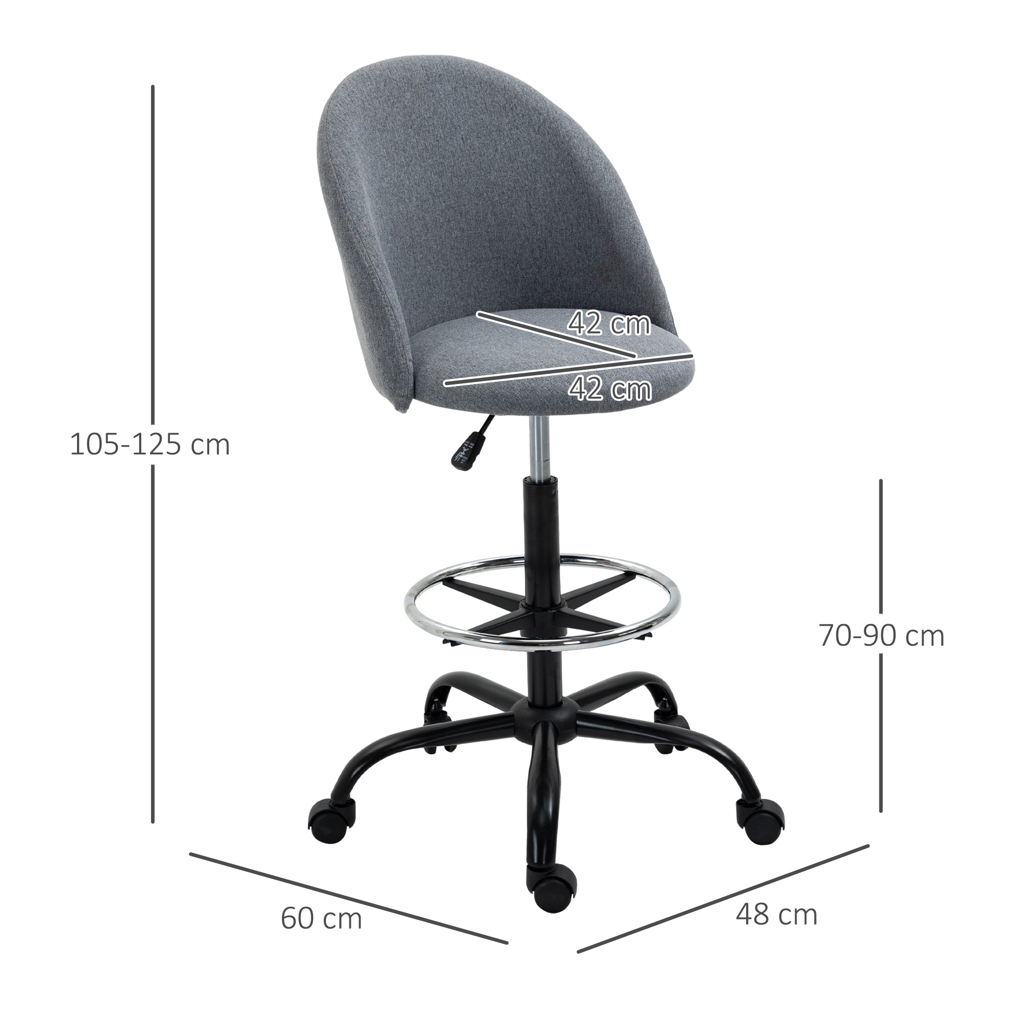 Vinsetto Ergonomic Drafting chair Adjustable Height w/ 5 Wheels Padded Seat Footrest 360° Swivel Freely Comfortable Versatile Use For Home Office - Grey 