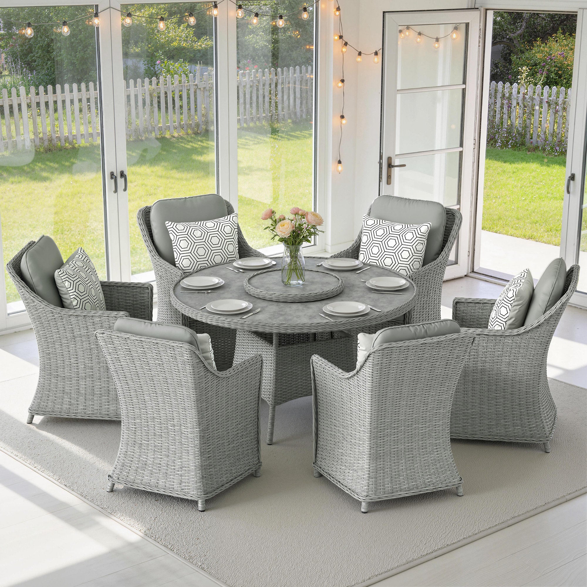 Outsunny Rattan Garden Dining Set with Turntable, Marble Effect Glass Round Garden Table and Chairs with Aluminium Frame, Grey 