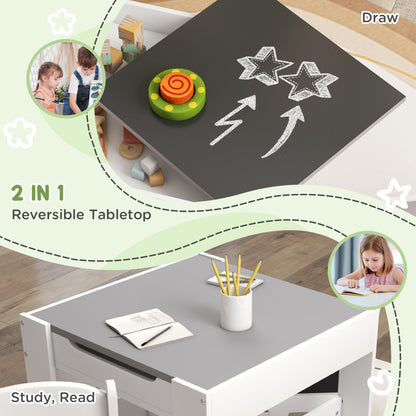 HOMCOM Three-Piece Kids Table and Chair Set with Blackboard, Storage, Bookshelves - Grey 