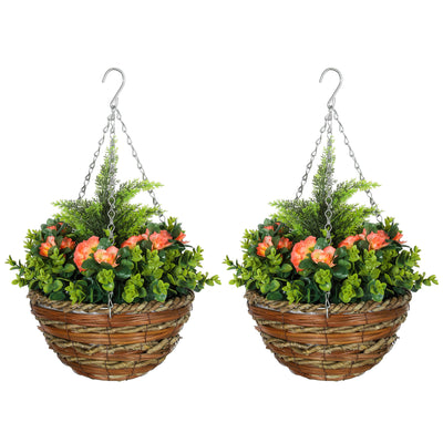 Outsunny Pack of 2 Faux Plant Artificial Lisianthus Flowers Hanging Planter with Basket for Indoor Outdoor Decoration, Orange 