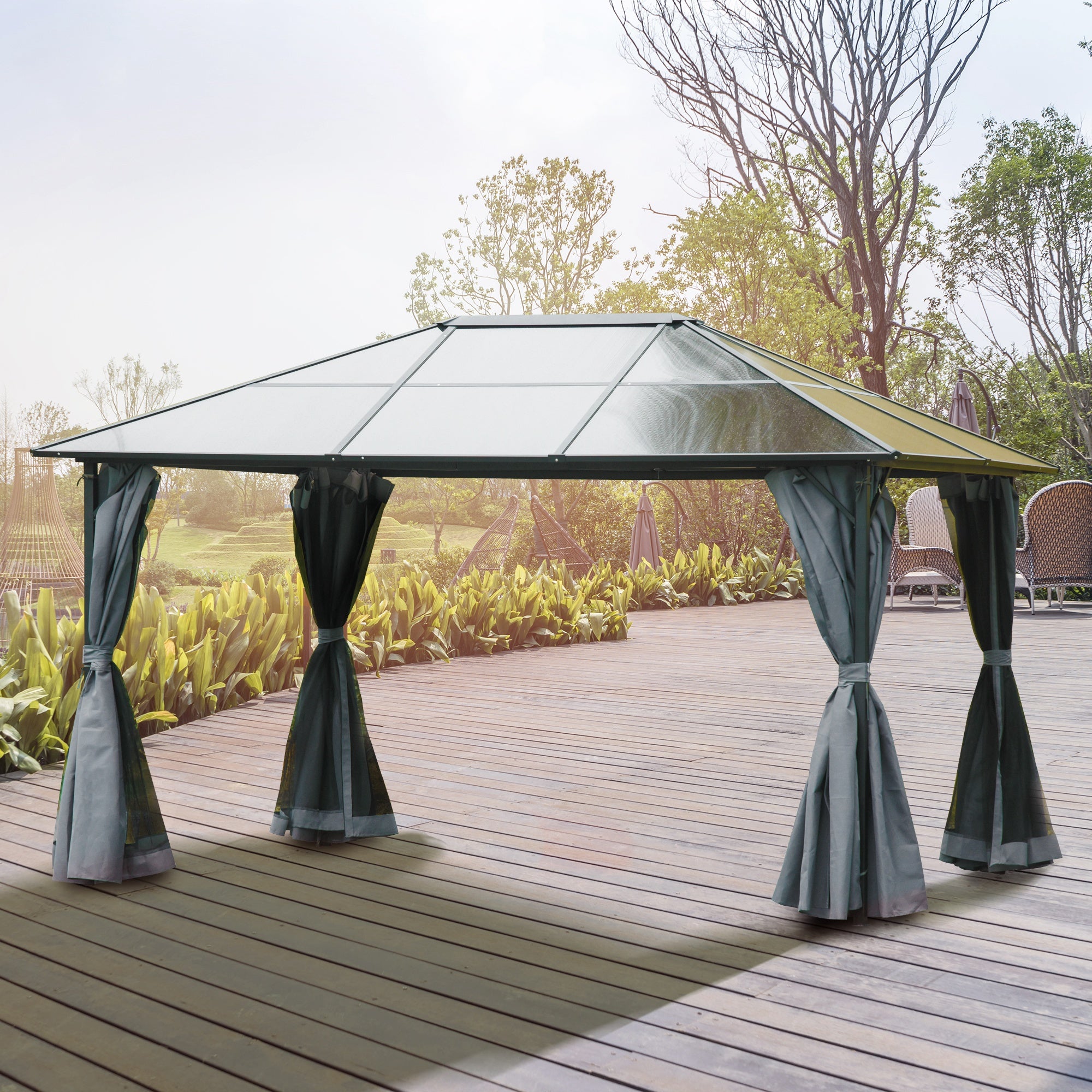 Outsunny 3 x 4m Hardtop Gazebo Canopy with Polycarbonate Roof, Aluminium Frame, Permanent Pavilion Garden Gazebo with Netting and Curtains - Grey 