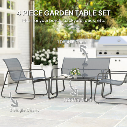 Outsunny 4 Piece Garden Furniture Set Outdoor Patio Sofa Set with Double Chair, Single Chairs and Glass Top Table for Terrace and Balcony, Light Grey 