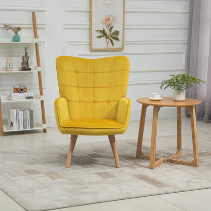 HOMCOM Modern Accent Chair, Upholstered Tufted Wingback Armchair with Seat Padding, Leisure Lounge Bedroom Chair with Wood Legs, Yellow 