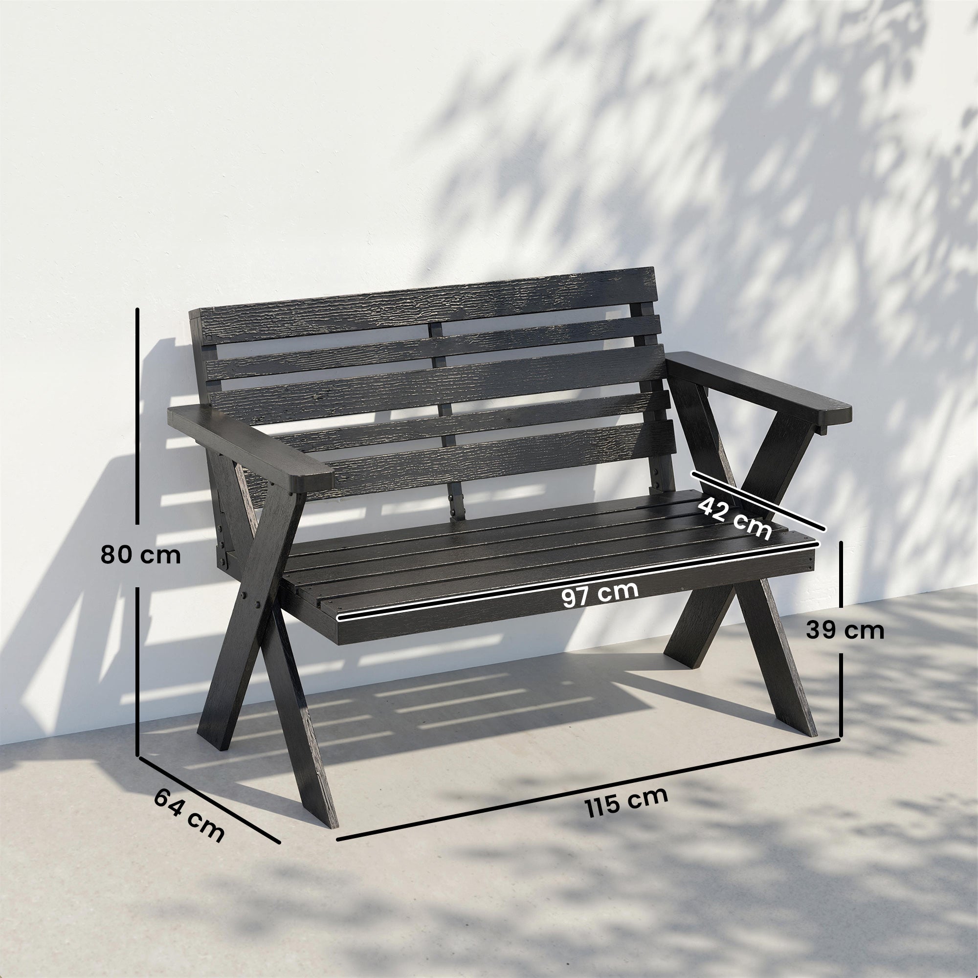 Outsunny 2 Seater Wooden Garden Bench, Slatted Patio Bench with Armrest and Backrest, Black 