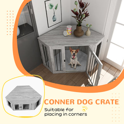 PawHut 2 in 1 Dog Crate Furniture Side Table, with Cushion, 122 x 61 x 71cm - Grey 