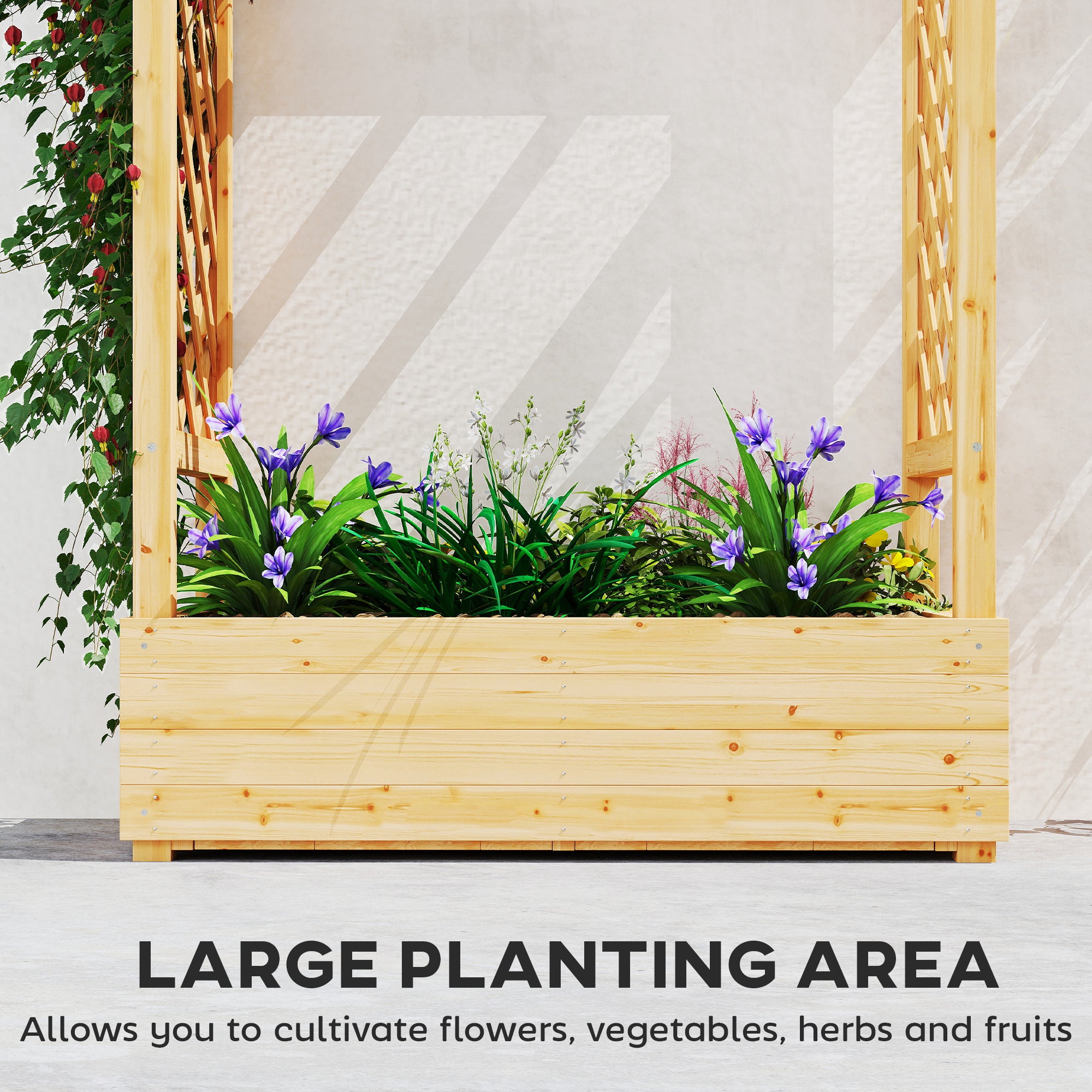 Outsunny Garden Planter with Trellis, Wooden Raised Bed for Garden with Hanging Roof and Drainage Holes, Outdoor Trellis Planter Box for Vegetables, Herbs and Flowers, 110 x 44 x 113 cm, Natural 