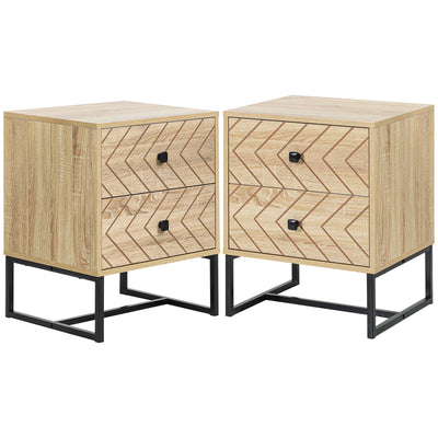 HOMCOM Bedside Table Nightstand Two-Drawer Bedroom Storage Unit Zig Zag Design with Black Metal Handles, Set of 2, Natural 