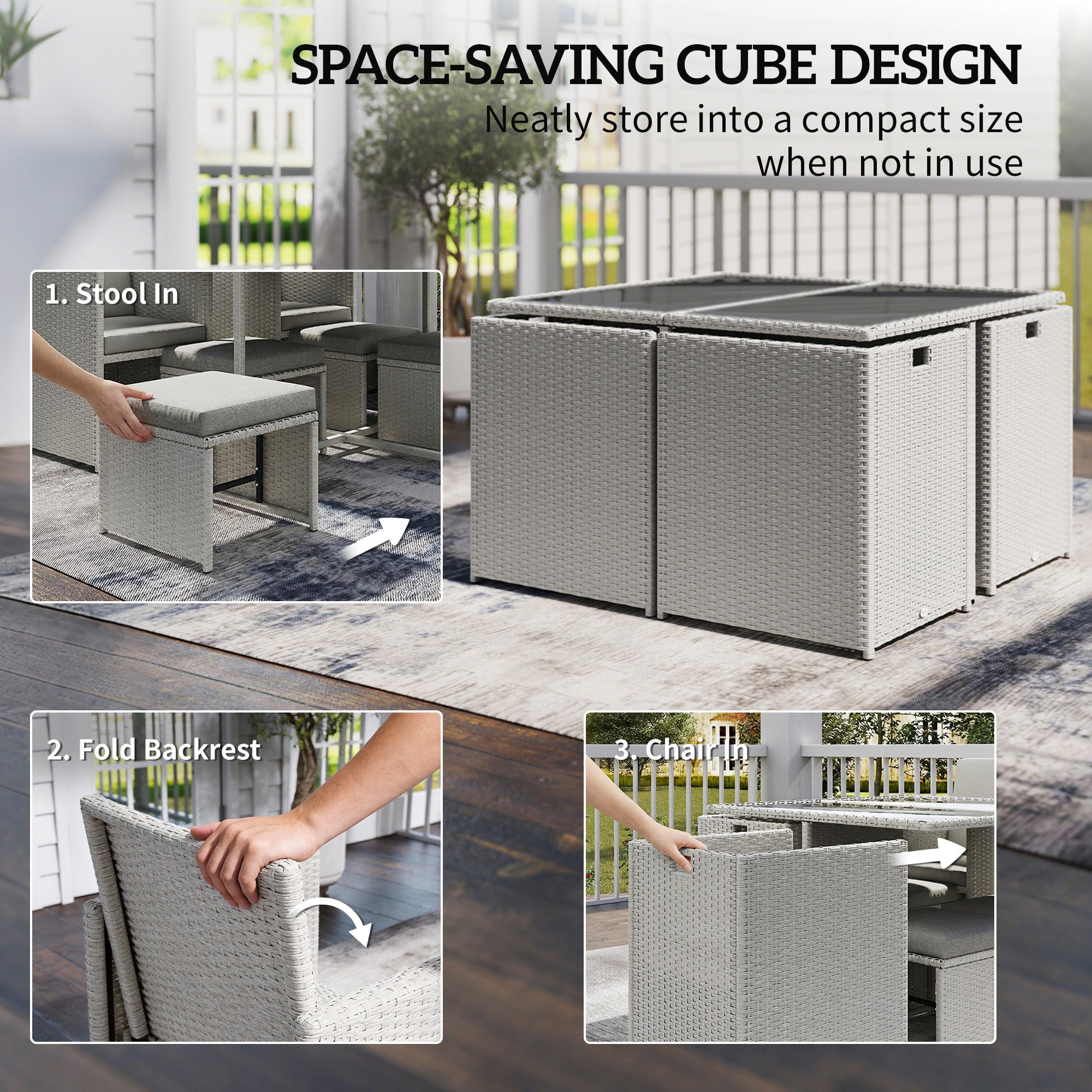 Outsunny 9 Piece Rattan Cube Garden Furniture Dining Set with Armchairs, Footstools and Glass-Top Table, Light Grey 