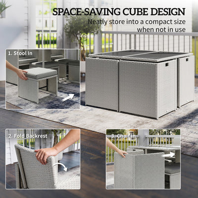 Outsunny 9 Piece Rattan Cube Garden Furniture Dining Set with Armchairs, Footstools and Glass-Top Table, Light Grey 