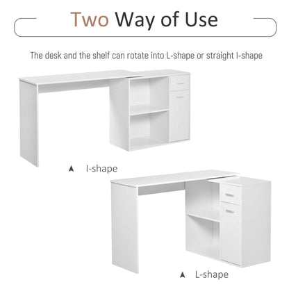 HOMCOM L-Shaped Desk, Corner Computer Desk, Adjustable Study Table with Storage Shelf, Drawer and Cabinet, Workstation for Home Office, White Wood Grain 