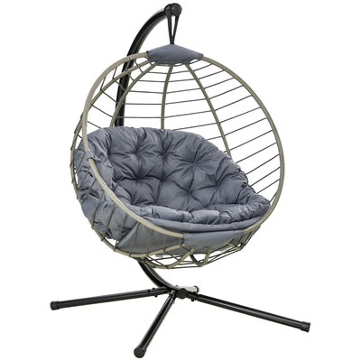 Outsunny PE Rattan Swing Chair, Outdoor Hanging Chair with Metal Stand, Thick Padded Cushion, Foldable Basket and Cup Holder, for Indoor and Outdoor, Grey 