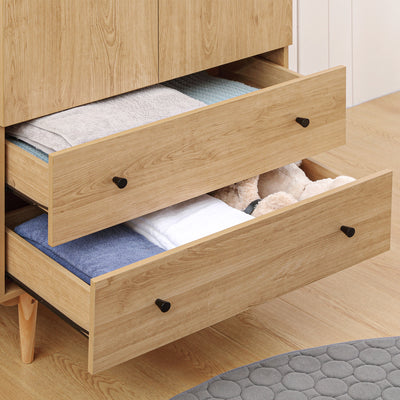 HOMCOM Wardrobe with 2 Doors, 2 Drawers, Hanging Rail for Bedroom Clothes Storage Organiser, 80x52x180cm, Natural Tone 