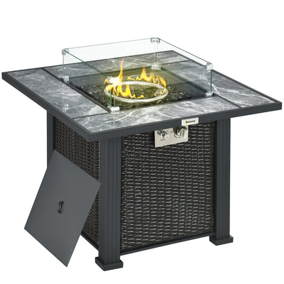 Outsunny Outdoor PE Rattan Gas Fire Pit Table, Patio Square Propane Heater with Marble Desktop, Rain Cover, Glass Windscreen, and Glass Stones, 50,000 BTU, Black 