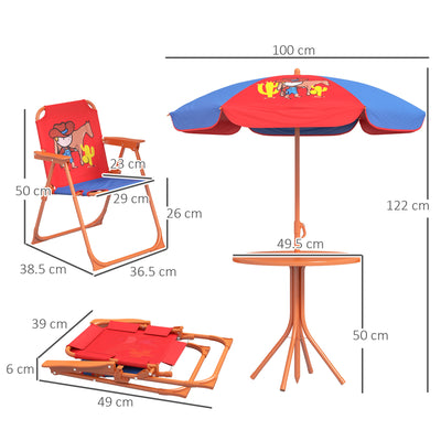 Outsunny Kids Picnic Table and Chair Set, Cowboy Themed Outdoor Garden Furniture w/ Foldable Chairs, Adjustable Parasol 