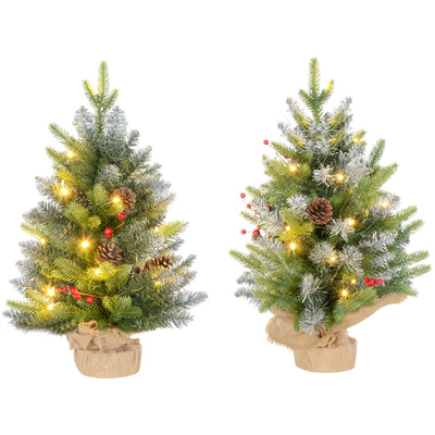 HOMCOM Set of Two 2ft Christmas Trees, with Lights, Berries and Pinecones 