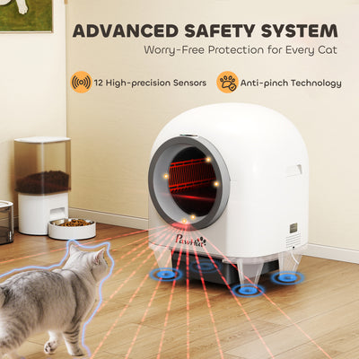 PawHut 80L Extra Large Self Cleaning Cat Litter Tray with APP Control, Safety Protection, Odor Removal, Rubbish Bag for Multiple Kittens 