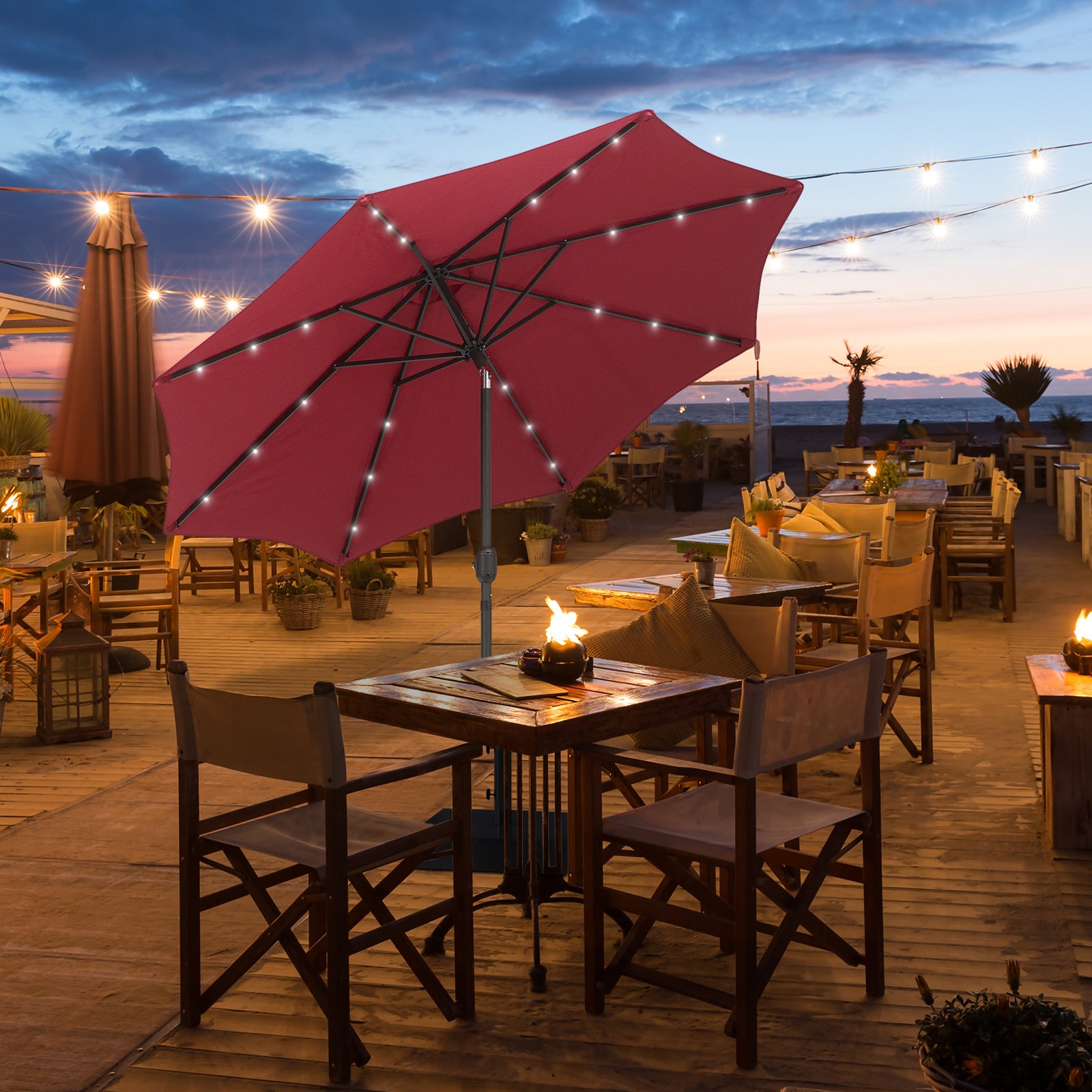 Outsunny 2.7m Patio Garden Umbrella Outdoor Parasol with Tilt Crank and 24 LEDs Lights (Red) 