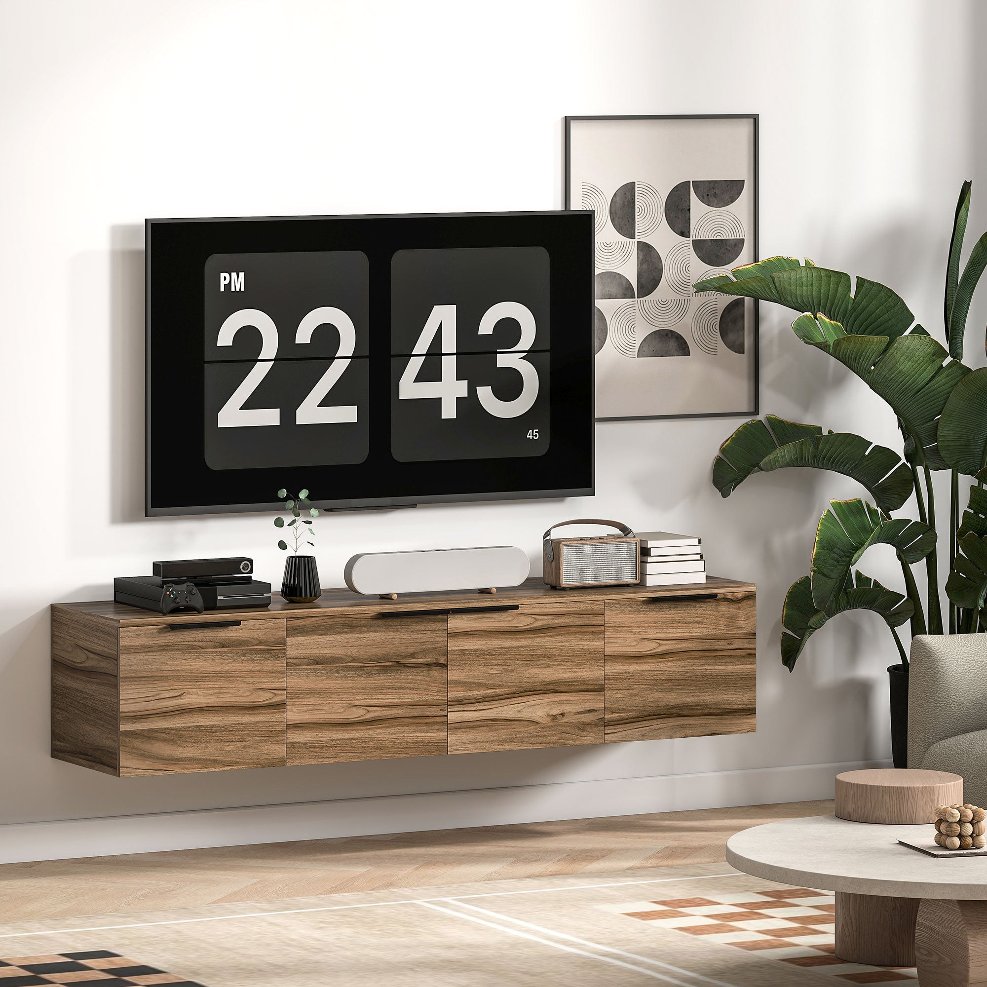 HOMCOM Floating TV Unit, 150 cm Wall Mounted TV Stand Cabinet with Shelves and Doors, Entertainment Media Console for Living Room, Bedroom, Rustic Brown