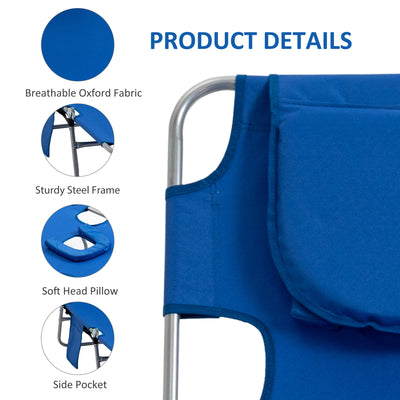 Outsunny 2 Pieces Foldable Sun Lounger with Reading Hole, Portable Sun Lounger with 5 Level Adjustable Backrest, Reclining Lounge Chair with Side Pocket, Headrest Pillow, Blue 