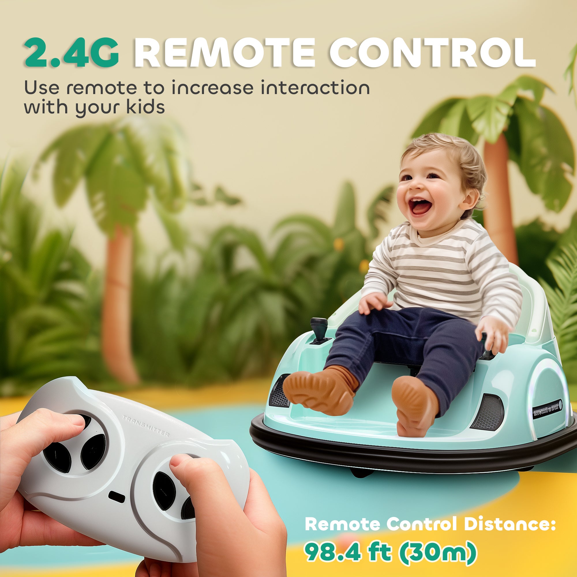 AIYAPLAY 360\'c2\'b0 Rotation Kids Bumper Car, 12V Waltz Car with Remote Control, Dual Joystick, Music, Lights, Green 