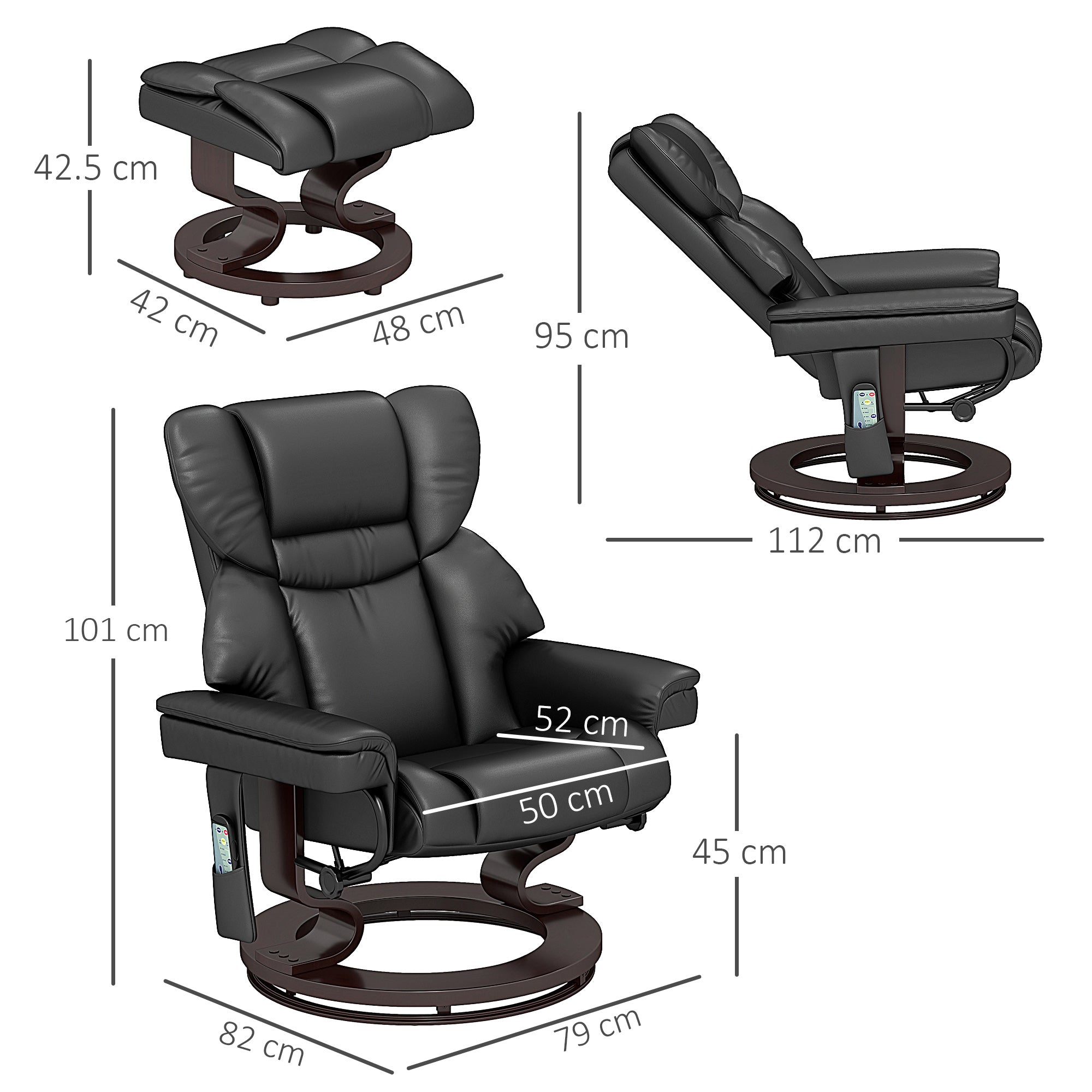 HOMCOM Massage Recliner Chair with Footstool, Upholstered Reclining Armchair with Adjustable Backrest, Steel Frame and Wood Base, Swivel Chair for Living Room, Bedroom, Black 
