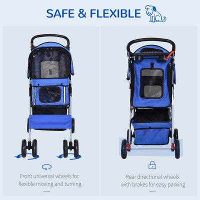 PawHut Dog Stroller with Rain Cover for Small Miniature Dogs, Folding Pet Pram with Cup Holder, Storage Basket, Reflective Strips, Blue 
