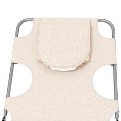 Outsunny Foldable Sun Lounger Set of 2, Beach Chaise Lounges with Reading Hole, Arm Slots, 5-Position Adjustable Backrest, Side Pocket, Pillow for Patio, Garden, Beach, Pool, Beige 