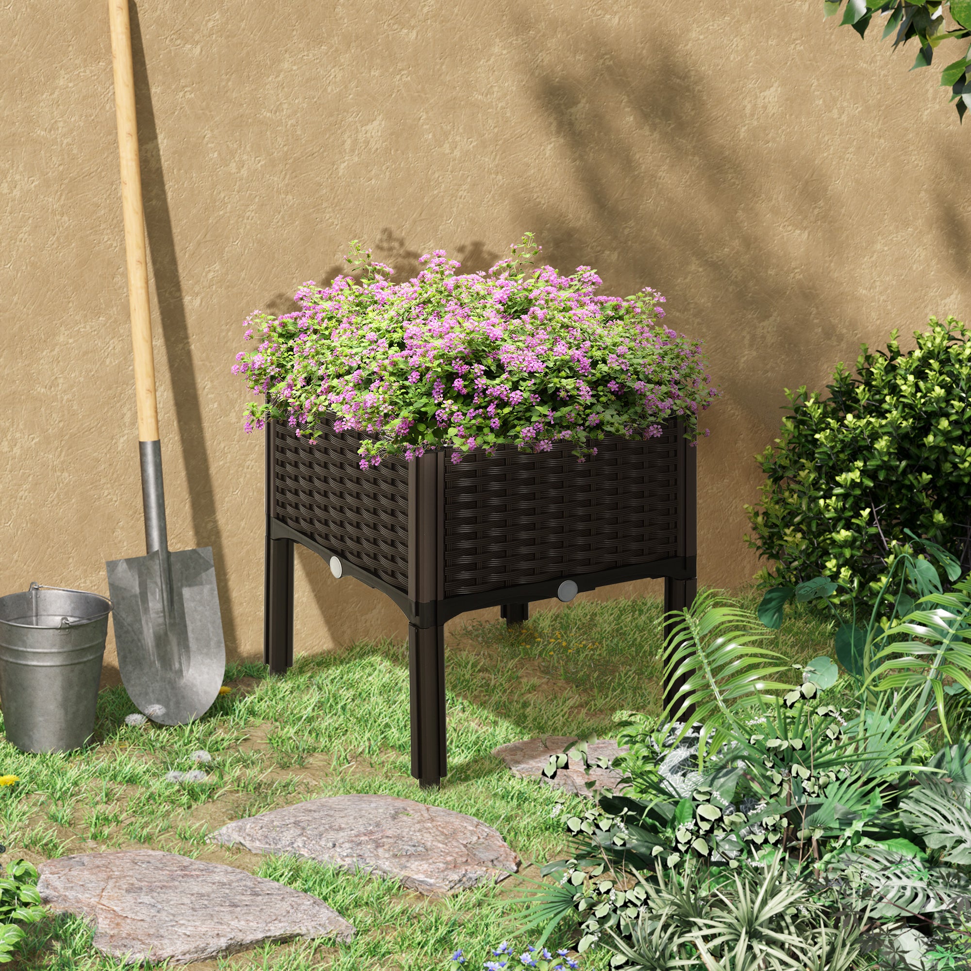 Outsunny Set of 1 26L Garden Raised Bed Elevated Patio Flower Plant Planter Box PP Vegetables Planting Container, Brown 