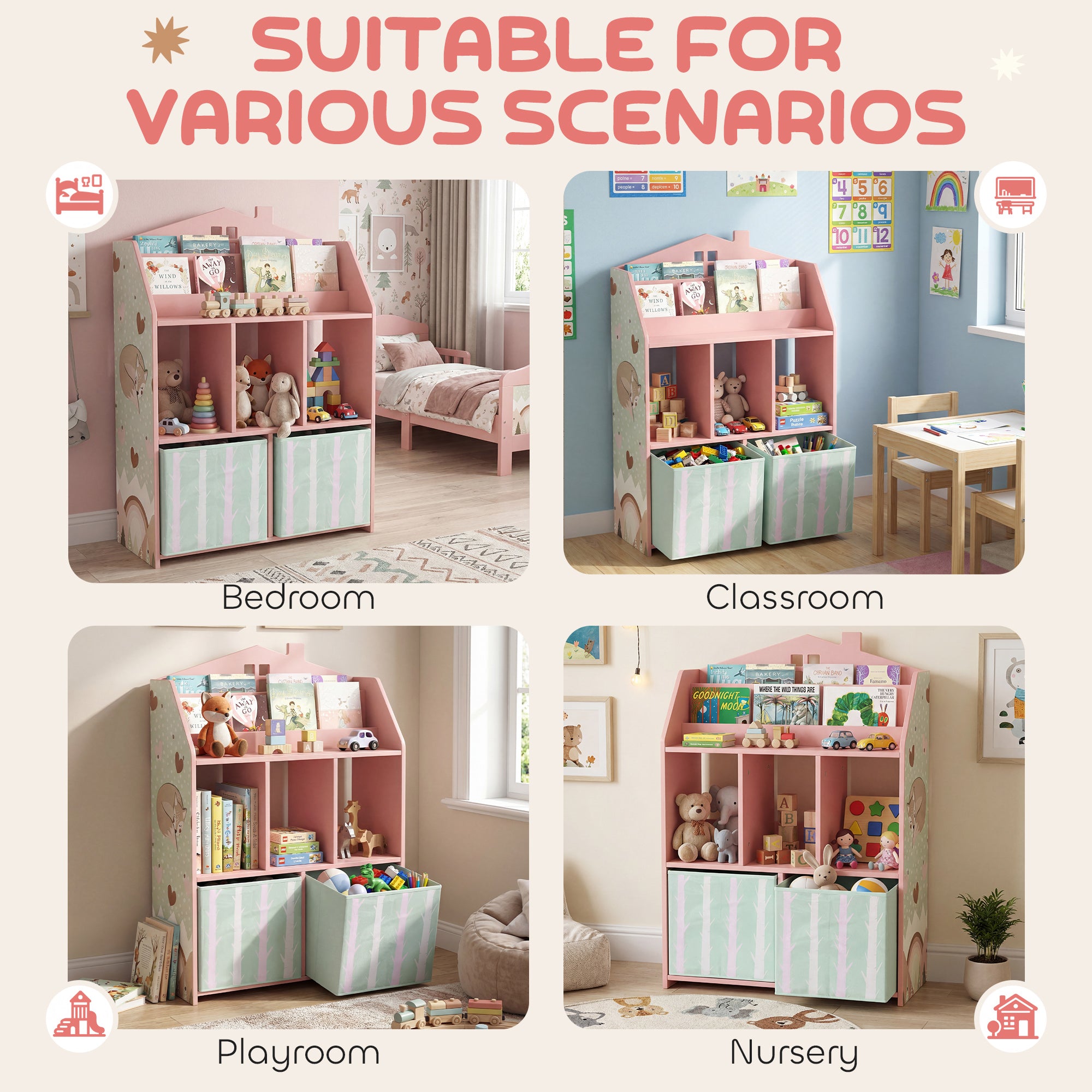 AIYAPLAY Kids Bookshelf with Storage, Toy Storage Unit with Book Display, Shelves and Fabric Drawers for Playroom Nursery, Pink 