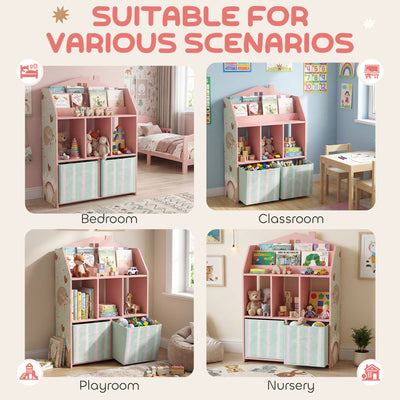 AIYAPLAY Kids Bookshelf with Storage, Toy Storage Unit with Book Display, Shelves and Fabric Drawers for Playroom Nursery, Pink 