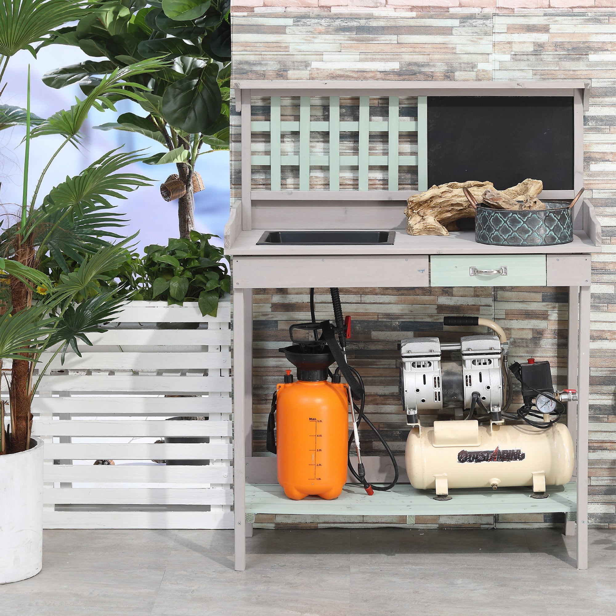 HOMCOM Garden Potting Table with Sink, Blackboard and Drawer, Wooden Planting Work Bench Workstation Outdoor Tool Storage Shelves 