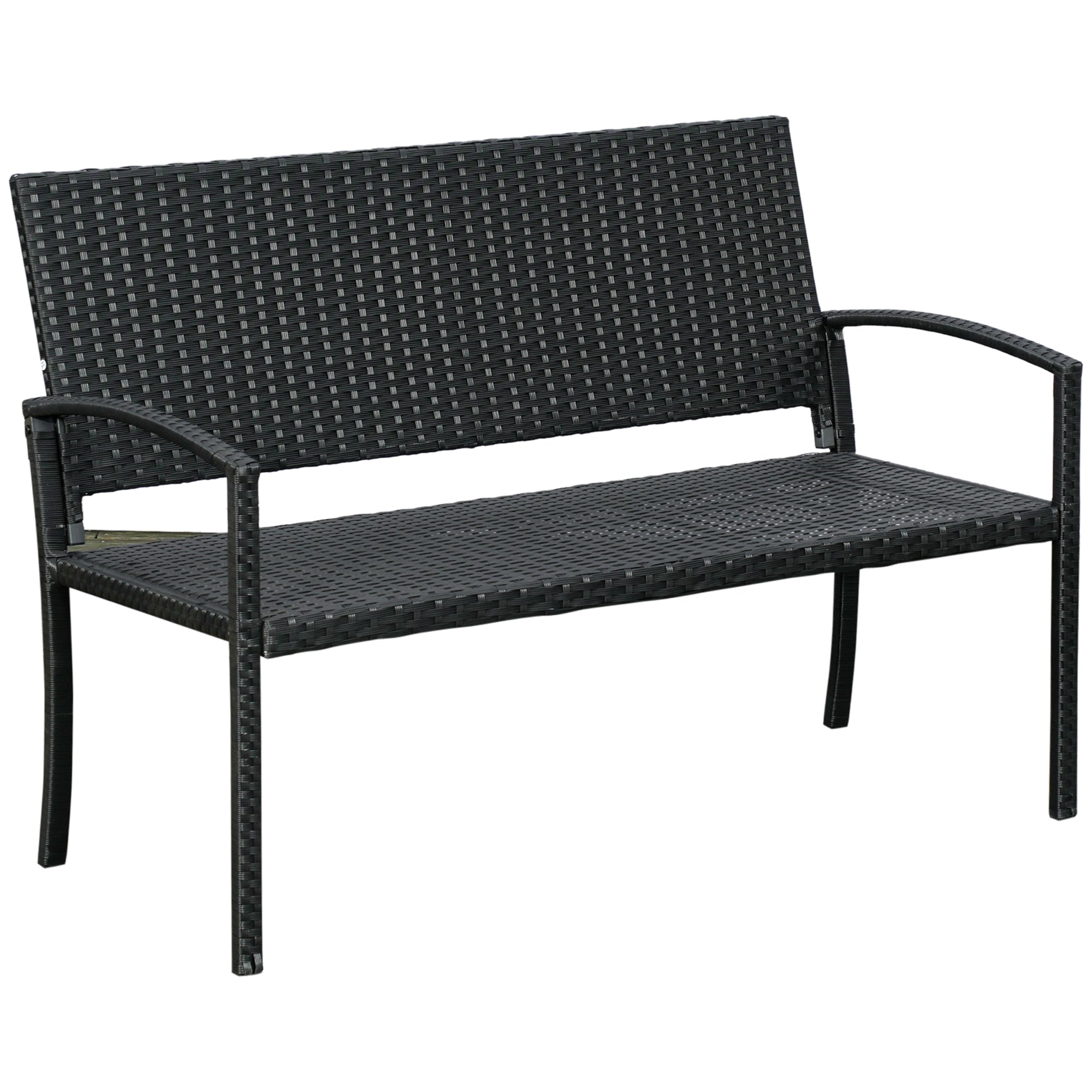 Outsunny 2 Seater Poly Rattan Garden Bench, All Weather Wicker Garden Loveseat, Outdoor Seating Bench with 240 Load Capacity, Backrest and Armrests for Patio, Terrace, Balcony, Black 