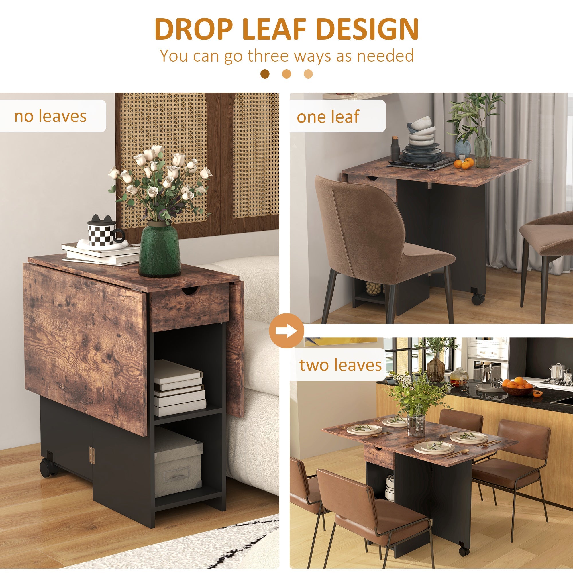 HOMCOM Folding Dining Table, Drop Leaf Table for Small Spaces, Foldable Table with Drawer and Storage Shelves for Kitchen, Dining Room, Rustic Brown 