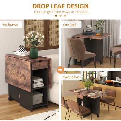 HOMCOM Folding Dining Table, Drop Leaf Table for Small Spaces, Foldable Table with Drawer and Storage Shelves for Kitchen, Dining Room, Rustic Brown 