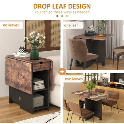 HOMCOM Folding Dining Table, Drop Leaf Table for Small Spaces, Foldable Table with Drawer and Storage Shelves for Kitchen, Dining Room, Rustic Brown 
