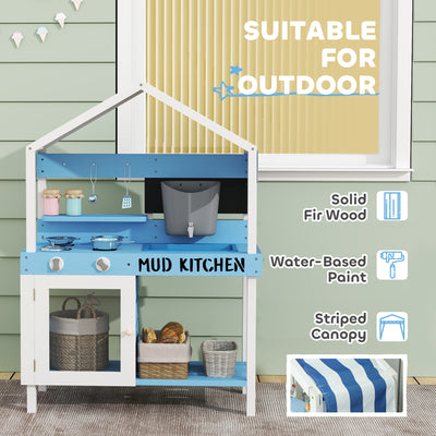 AIYAPLAY Kids Mud Kitchen Outdoor with Stoves, Sink, Faucet, Storage Shelves, Cookware Accessories for Boys Girls, Blue 