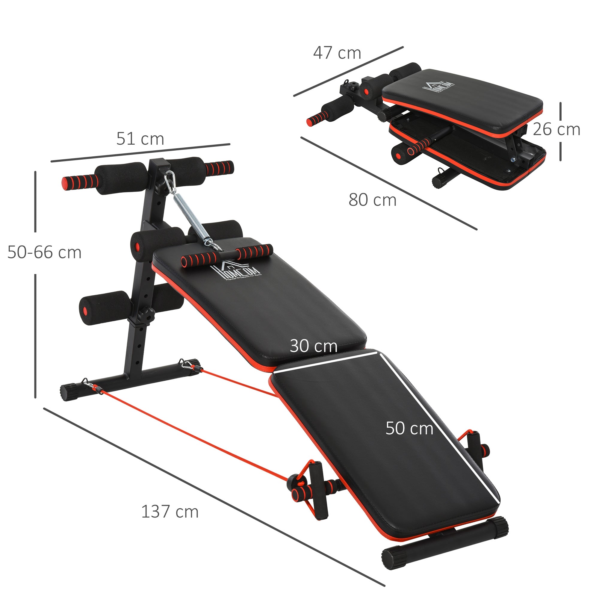 HOMCOM Sit Up Bench Core Workout Adjustable Thigh Support Foldable for Home Gym w/ Arm Pulling Rope Black 