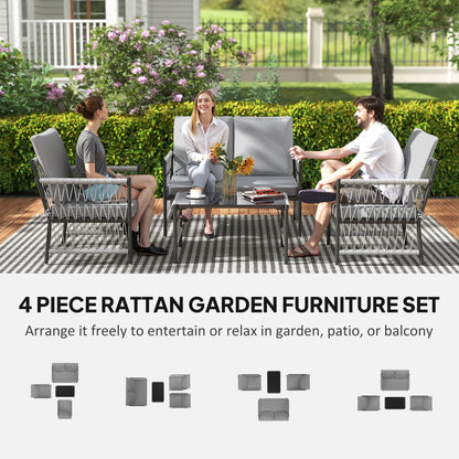 Outsunny 4 Piece Rattan Garden Furniture Set, 4 Seater Wicker Patio Conversation Set with 2 Armchairs, Loveseat, Glass Top Coffee Table and Cushions for Outdoor, Balcony, Grey 