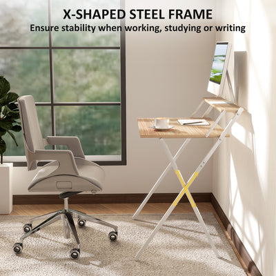 HOMCOM 81.5 cm Folding Computer Desk with Monitor Shelf - Natural Wood Finish 