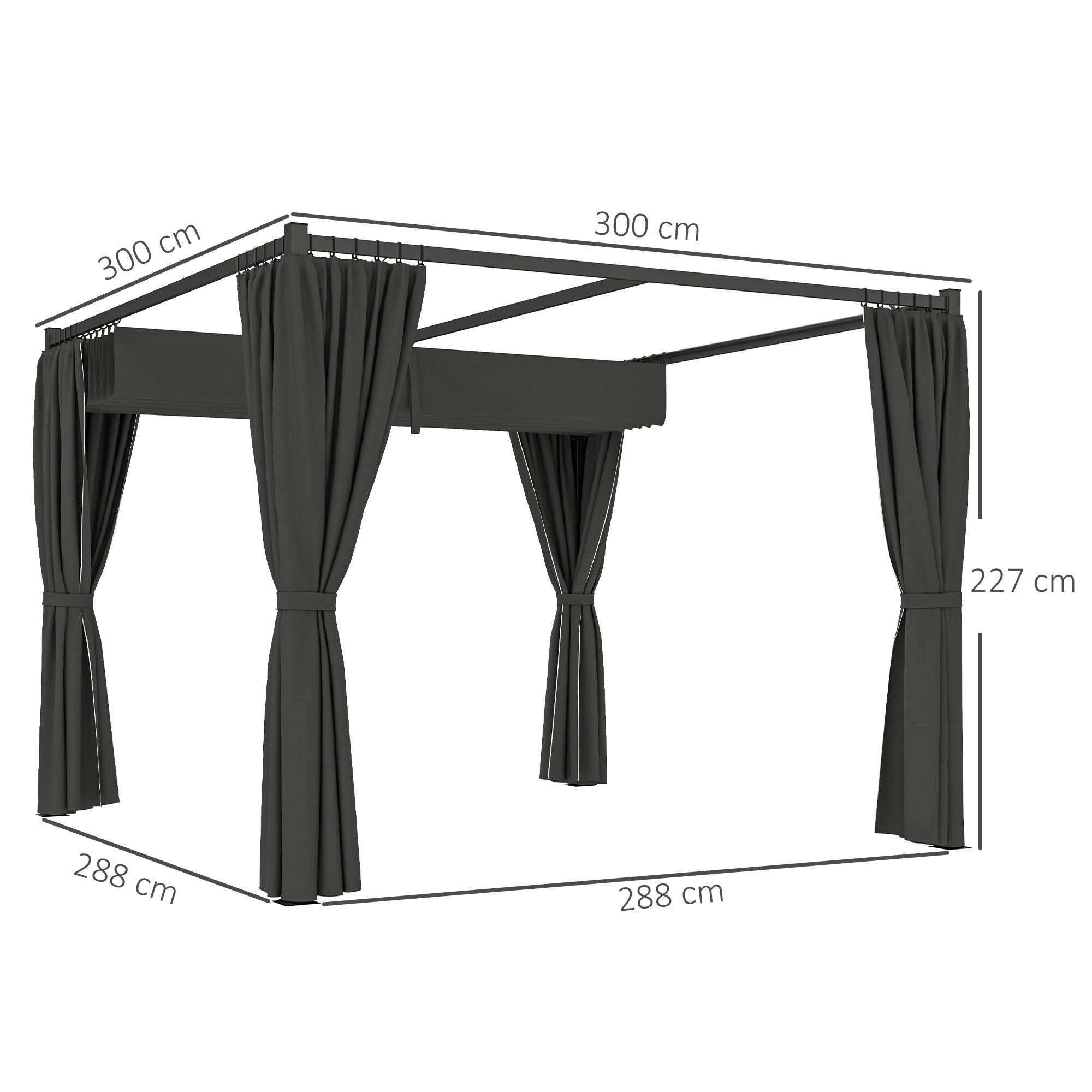 Outsunny 3 x 3(m) Retractable Pergola, Garden Gazebo Shelter with Curtains, for Grill, Patio, Deck, Charcoal Grey 