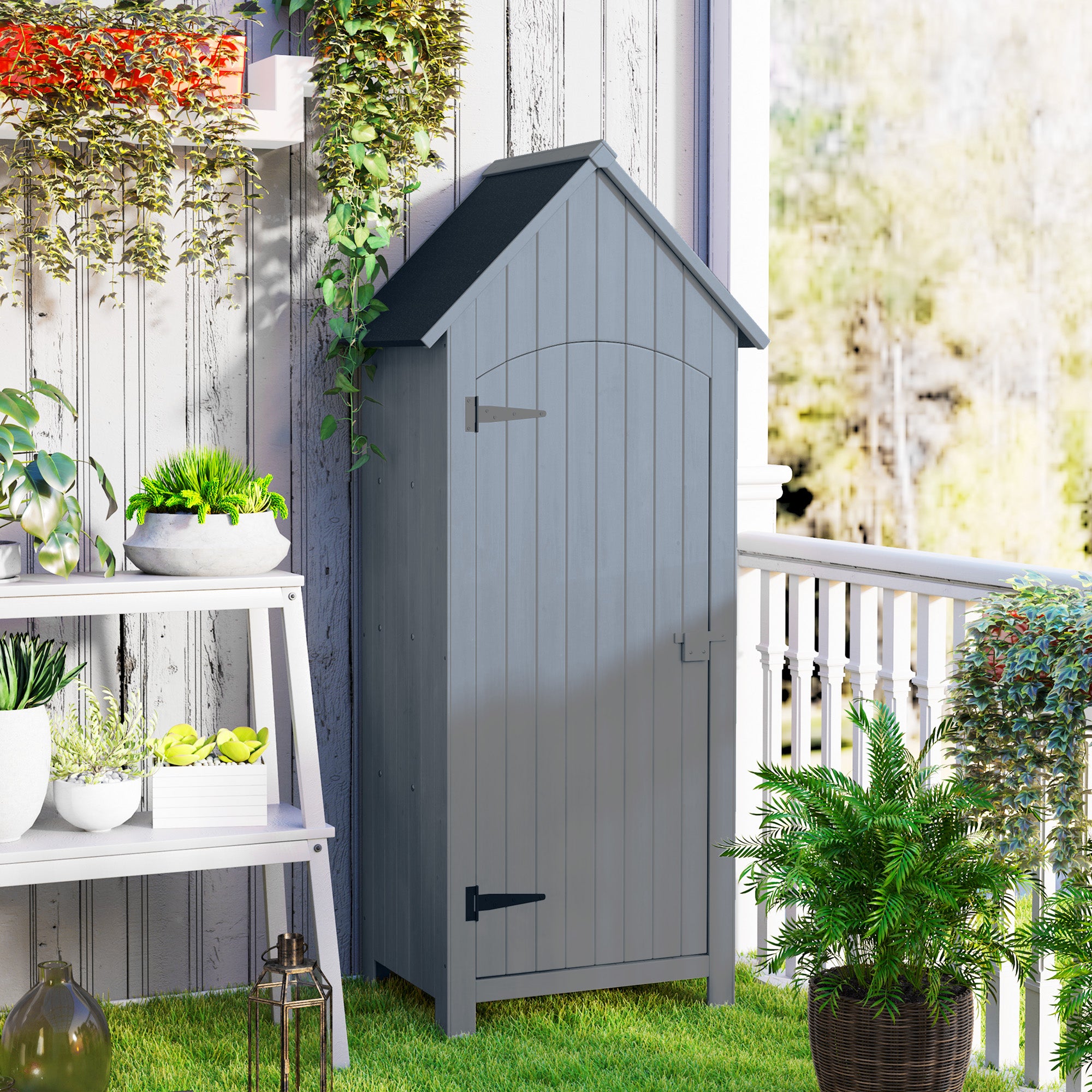 Outsunny Wooden Garden Storage Shed with 3 Shelves, Outdoor Tool Storage Cabinet with Tilt Roof and Lockable Door, 77.5 x 54.2 x 179.5 cm, Grey 