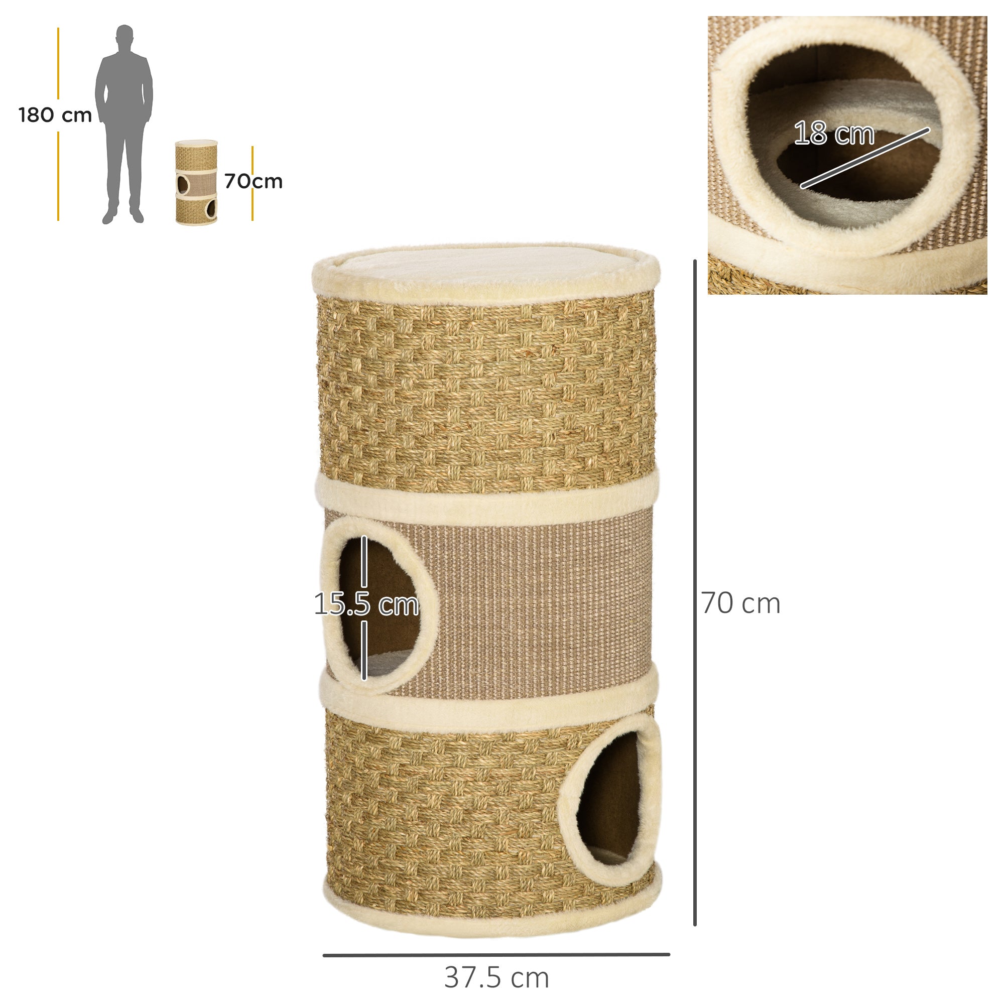 PawHut Cat Scratching Barrel Kitten Tree Tower for Indoor Cats Pet Furniture Climbing Frame Covered with Sisal and Seaweed Rope Cozy Platform Soft Plush 