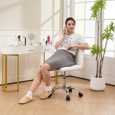 HOMCOM PU Leather Armless Office Chair, Modern Vanity Computer Swivel Chair with Rolling Wheels and Adjustable Height for Home Study, Bedroom, White 