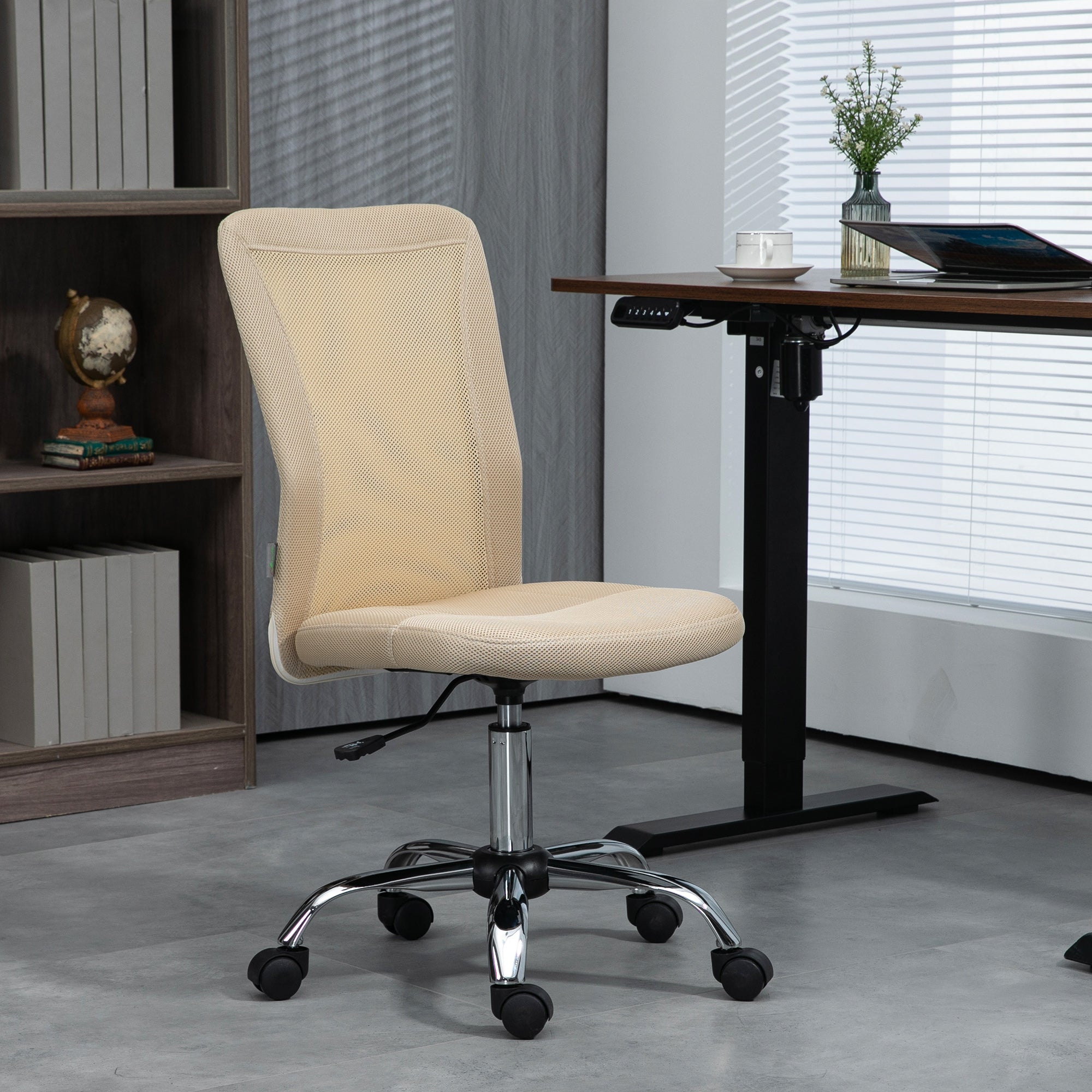 Vinsetto Computer Desk Chair, Mesh Office Chair with Adjustable Height and Swivel Wheels, Armless Study Chair, Beige 