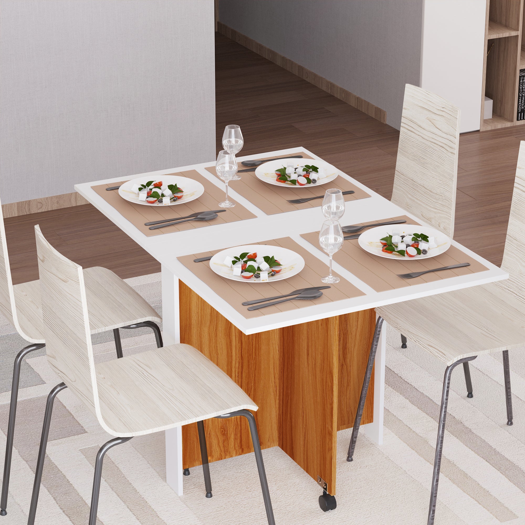 HOMCOM Folding Dining Table Writing Desk Workstation w/ Casters Teak Colour, White 