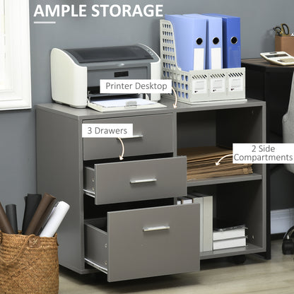 HOMCOM Freestanding Printer Stand Unit Office Desk Side Mobile Storage w/ Wheels 3 Drawers, 2 Open Shelves Modern Style 80L x 40W x 65H cm - Grey 