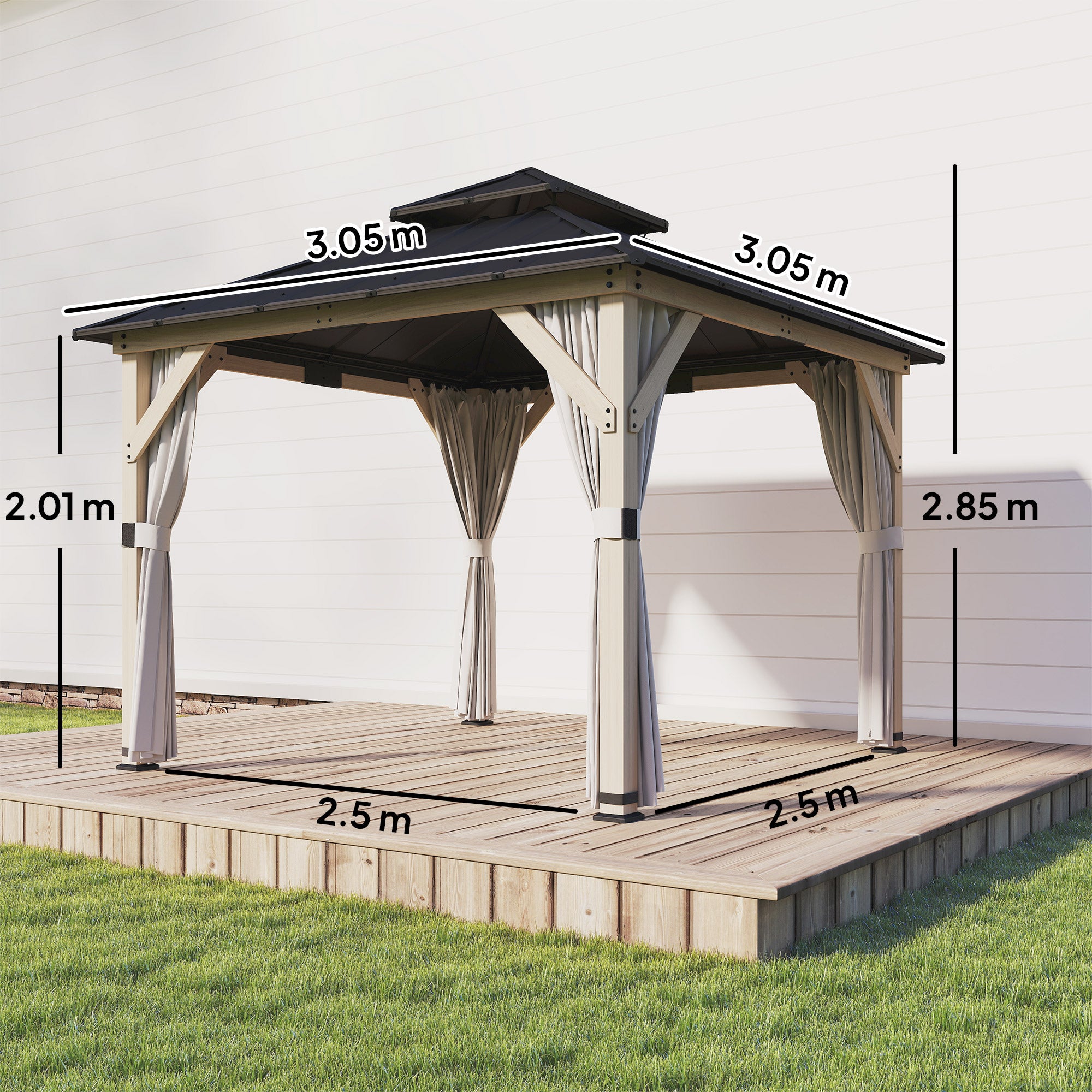 Outsunny 3 x 3 m Outdoor Hardtop Gazebo Canopy with 2-Tier Steel Roof, Wood Garden Gazebo with Curtains, Light Grey 