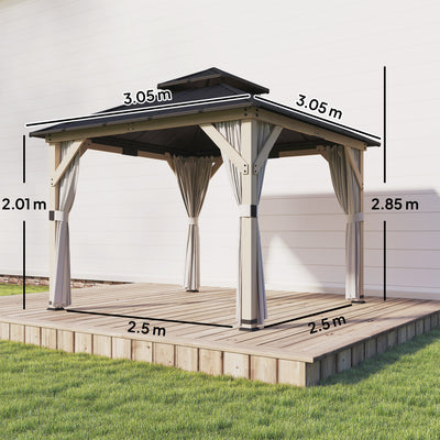 Outsunny 3 x 3 m Outdoor Hardtop Gazebo Canopy with 2-Tier Steel Roof, Wood Garden Gazebo with Curtains, Light Grey 